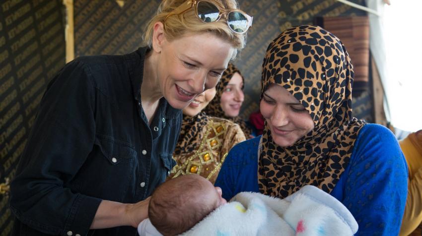 UNHCR Goodwill Ambassador Cate Blanchett meets a Syrian refugee mother and daughter living at an informal settlement in Lebanon in May 2015. ©UNHCR/Jordi Matas